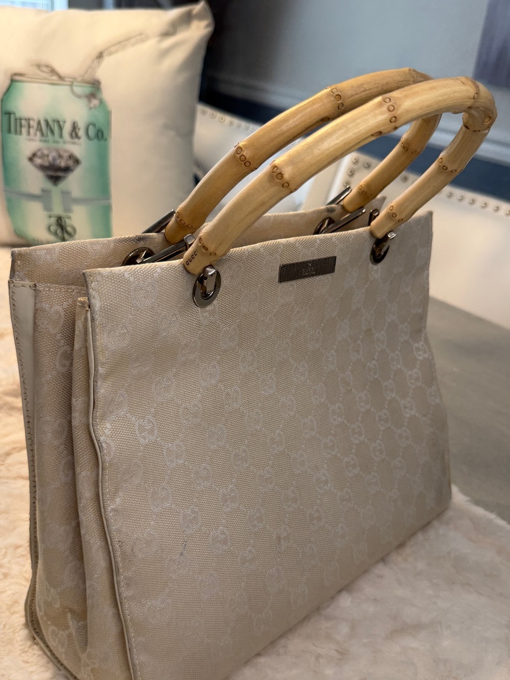 Gucci GG Canvas Bamboo Handle Tote Ivory Beige Vintage Italy - Picture 3 of 13